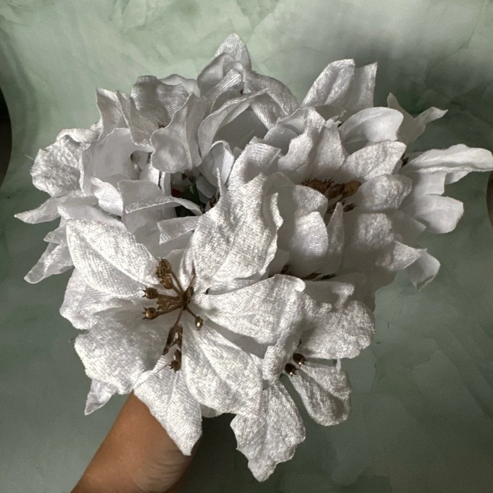 White Glitter Poinsettia Bouquet – Christmas Artificial Floral Arrangement NWT